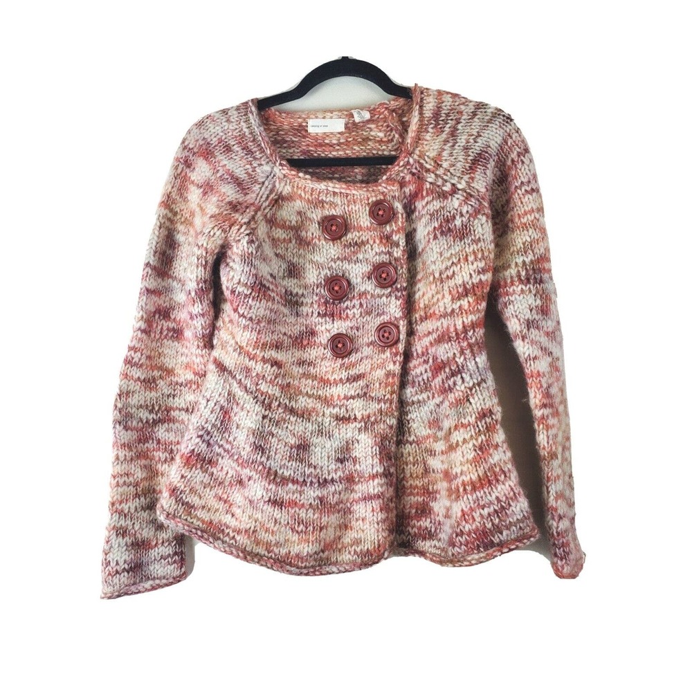 Anthropologie‎ Sleeping on Snow Small Pink & Cream Button Up Cardigan Wool Blend